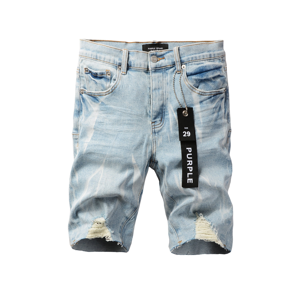 PURPLE Men Streetwear Denim Shorts Light Blue Wash with White Distressed Patches and Raw Hem 5069