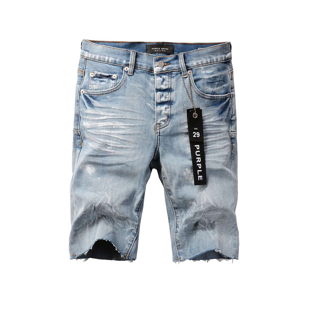 PURPLE Men Streetwear Light Blue Denim Shorts with Vintage Wash and Raw Hem Finish 5091