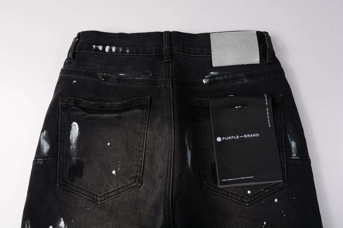 PURPLE Men Streetwear Denim Shorts Black Wash with White Paint Splashes and Raw Hem 5002