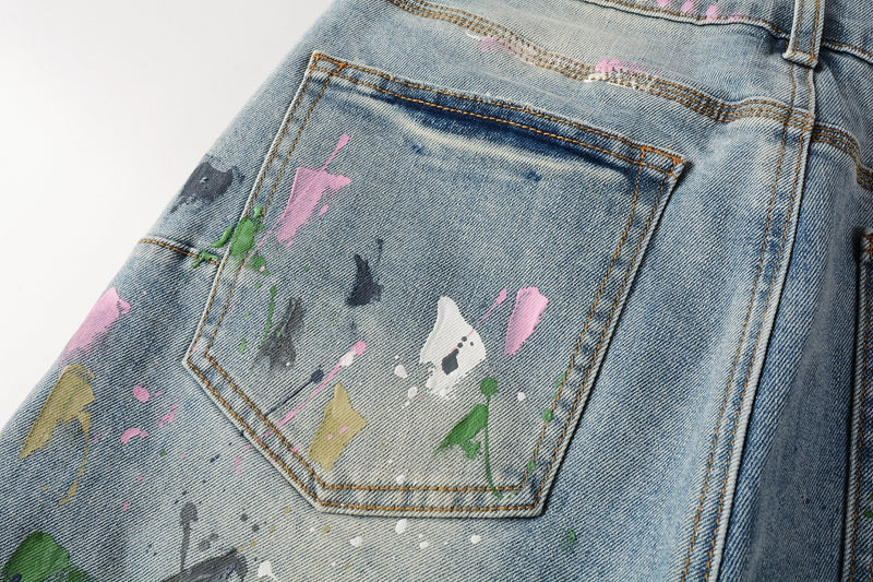 PURPLE Men Streetwear Denim Shorts Light Blue Wash with Colorful Paint Splashes and Distressed Raw Hem 5066