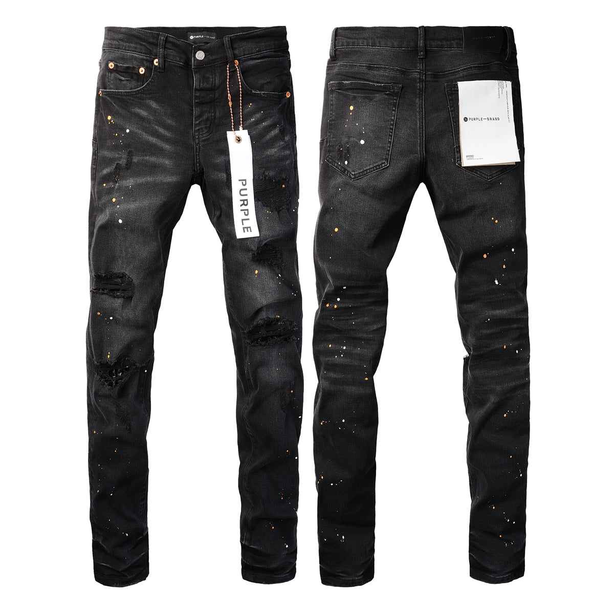 PURPLE Mens Jeans - Distressed Black Denim with Knee Slit and Ripped Hole 9045
