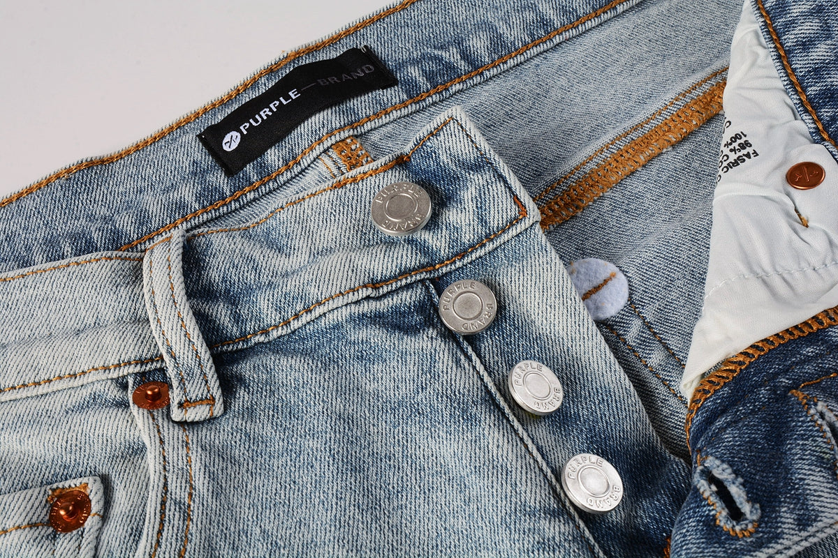 PURPLE Men Streetwear Skinny Jeans Light Blue Wash with Knee Ripped Details and Black Lining 9010