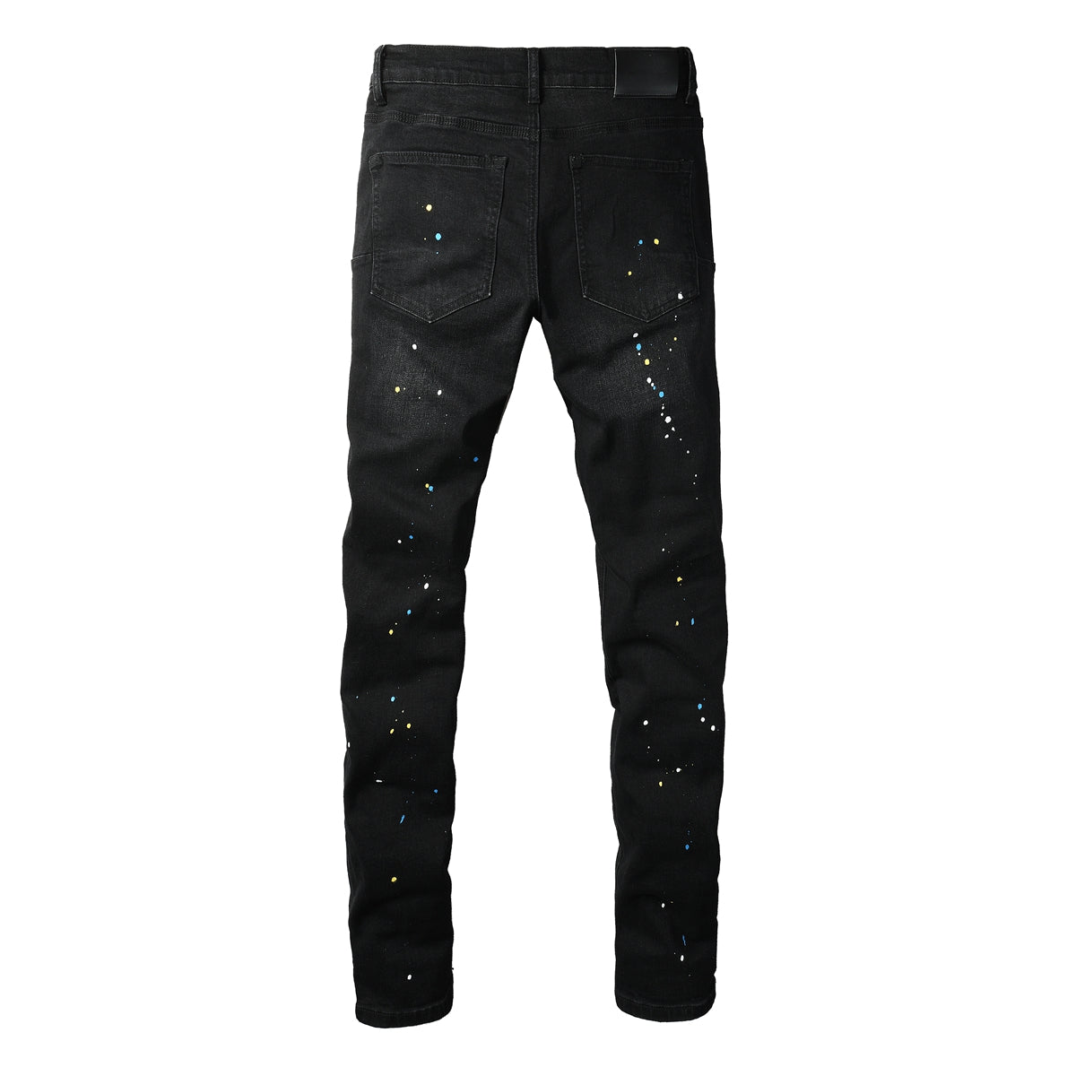 PURPLE Men Streetwear Skinny Jeans Black Wash with Distressed Details and Multi - Color Paint Splash 9121