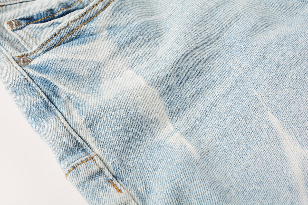 PURPLE Men Streetwear Denim Shorts Light Blue Wash with White Distressed Patches and Raw Hem 5069