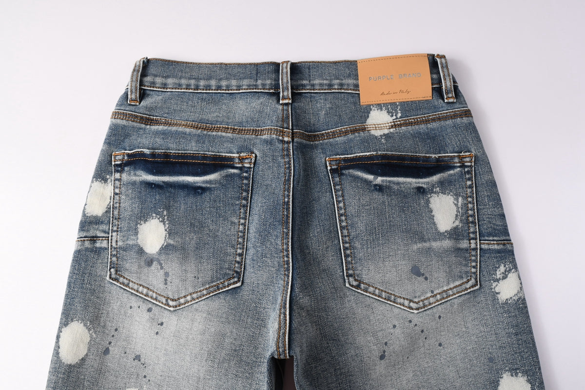 PURPLE Men Streetwear Denim Shorts Light Blue Wash with Large White Paint Splashes and Speckles 5092