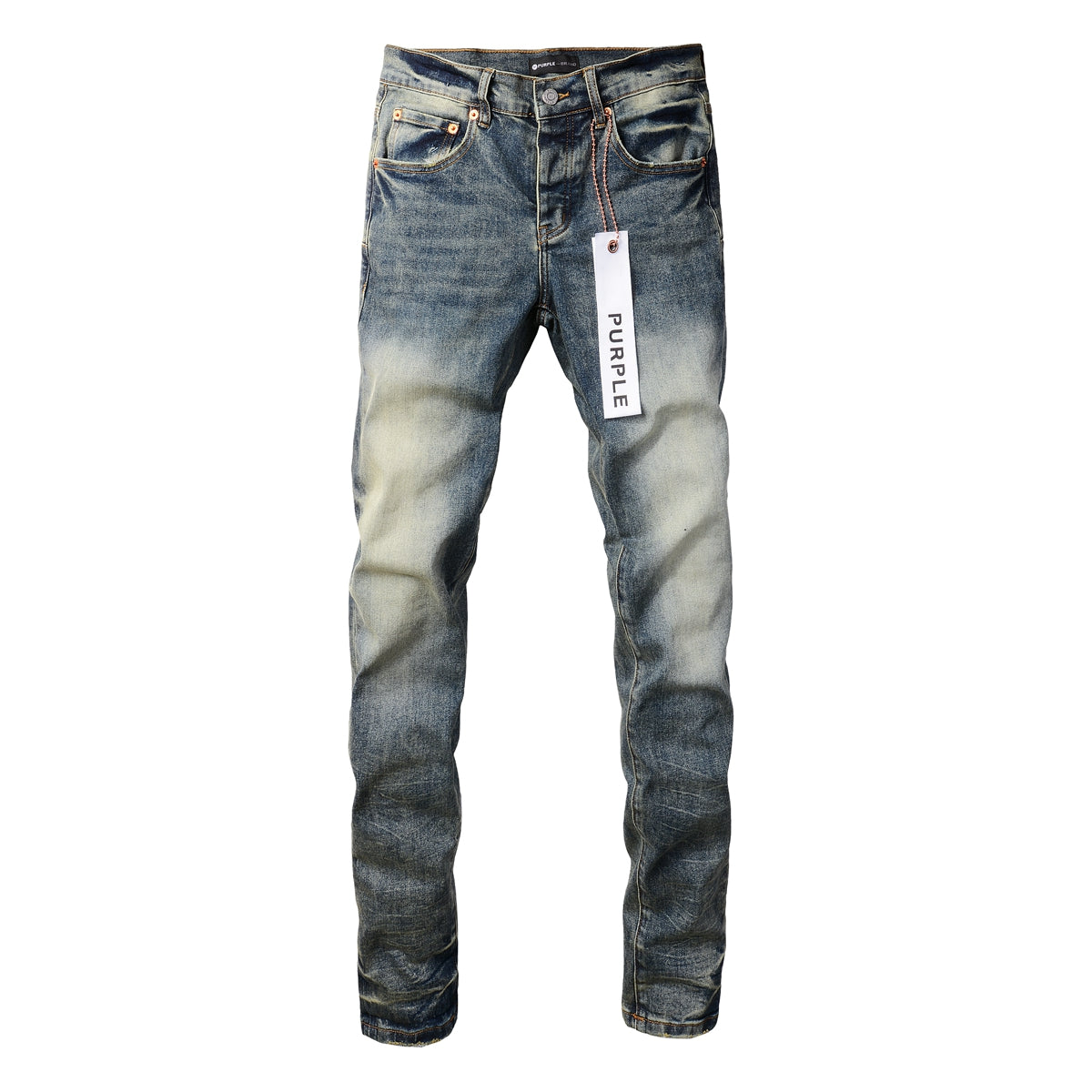 PURPLE Men Streetwear Skinny Jeans Light Blue Wash with Faded Gradient Distress 9042