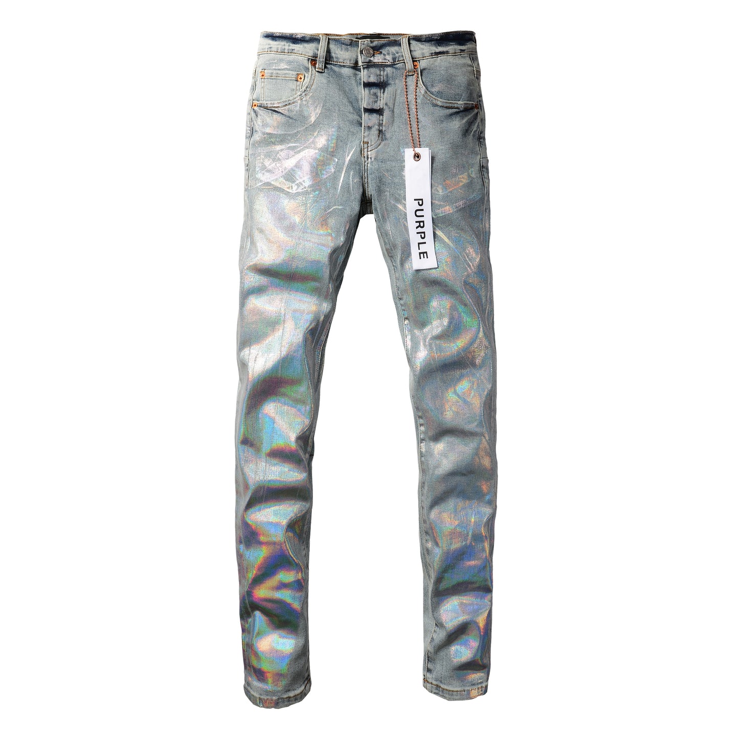PURPLE Men Streetwear Skinny Jeans Light Blue Wash with Holographic Iridescent Finish 9005