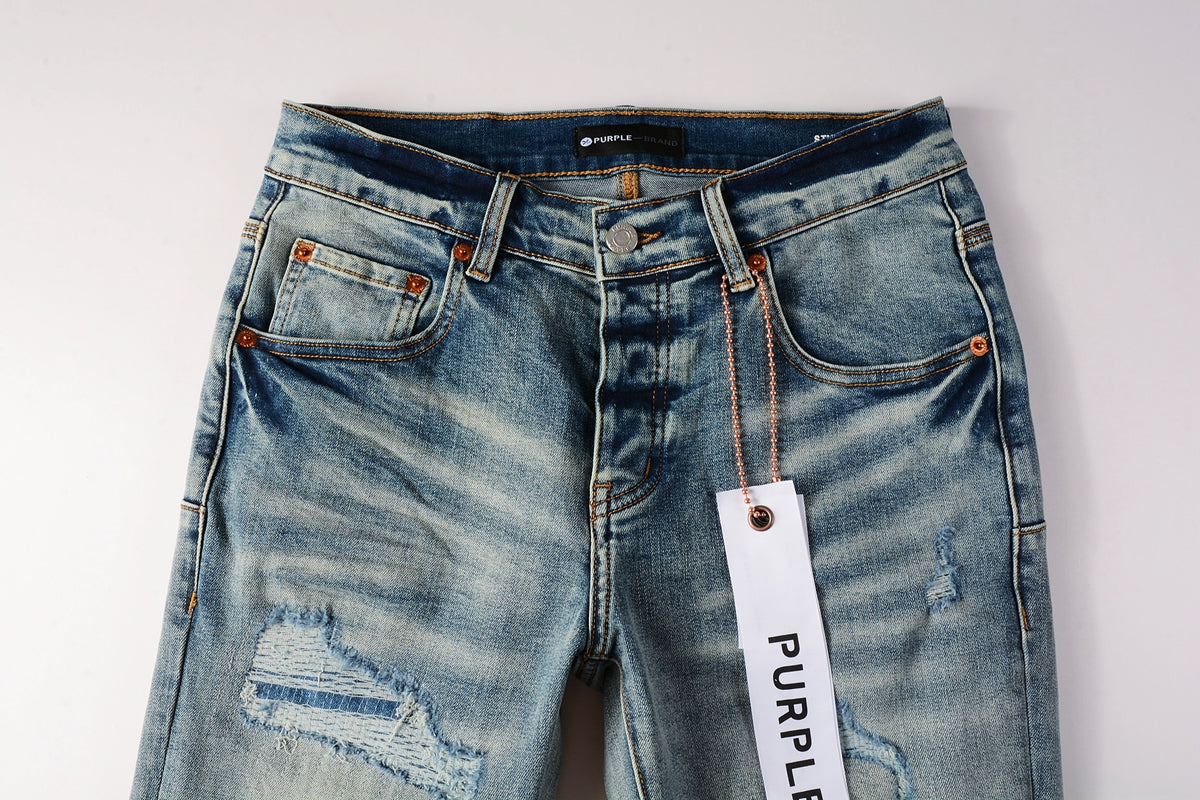 PURPLE Men Streetwear Skinny Jeans Light Blue Wash with Subtle White Pattern Wash 9013