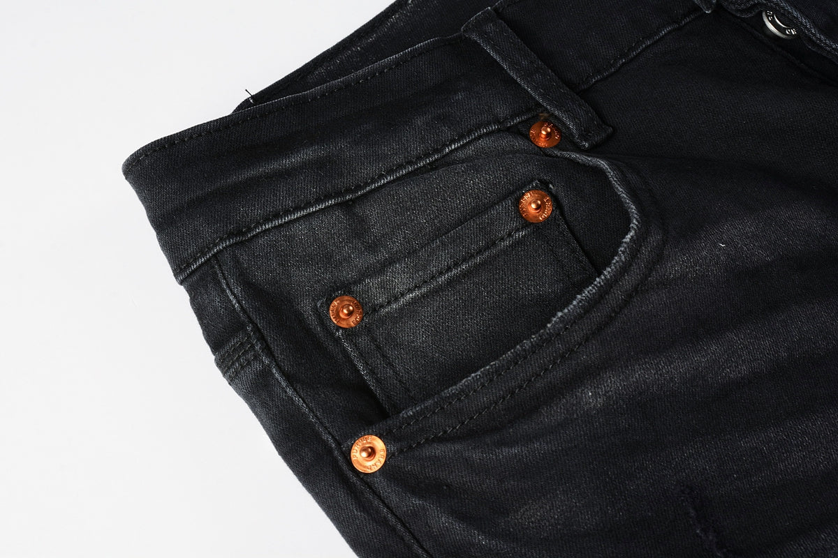 PURPLE Men Streetwear Skinny Jeans Black Fade Wash with White Paint Splatter and Distressed Rips 9002