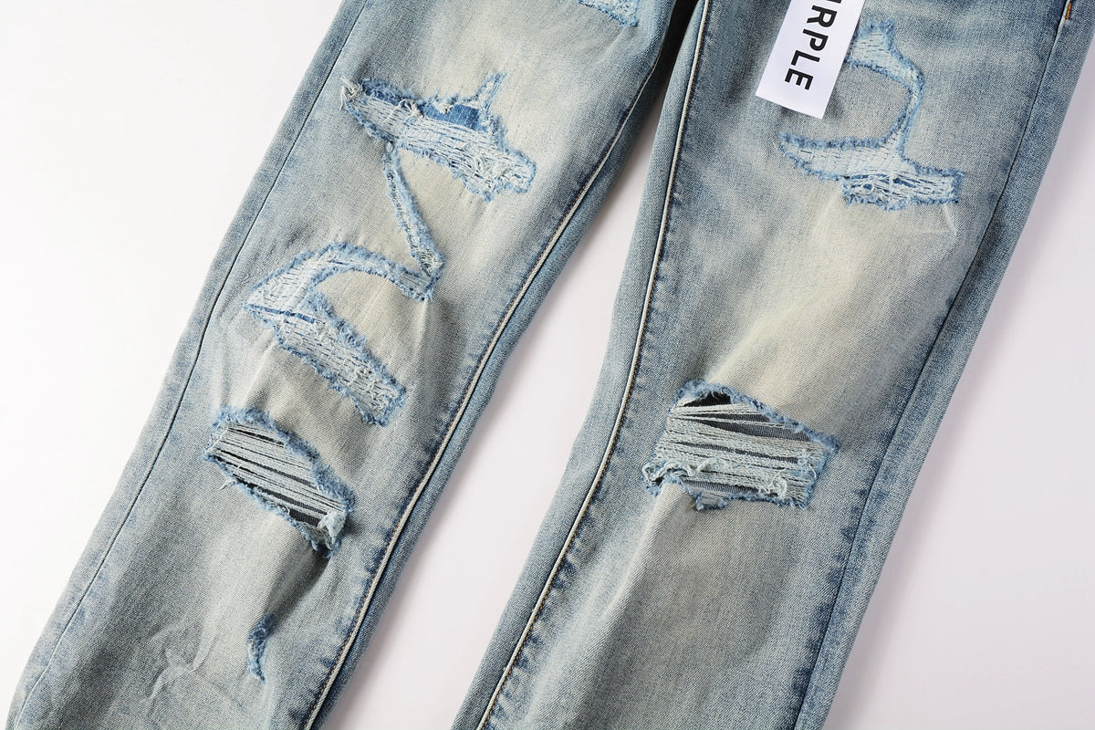 PURPLE Men Streetwear Skinny Jeans Light Blue Wash with Subtle White Pattern Wash 9013