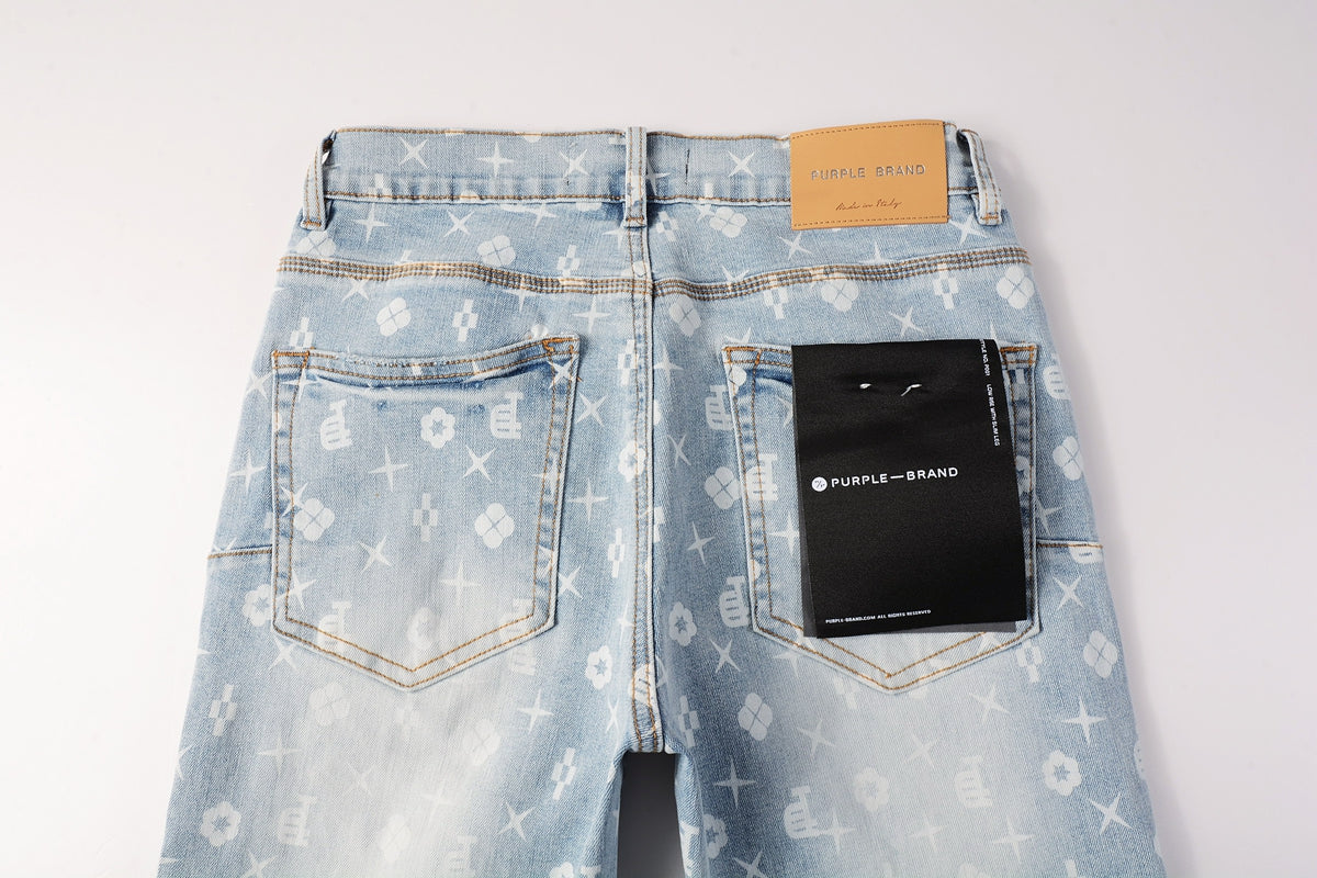 PURPLE Men Streetwear Skinny Jeans Light Blue Wash with All - Over Pattern Print 9089