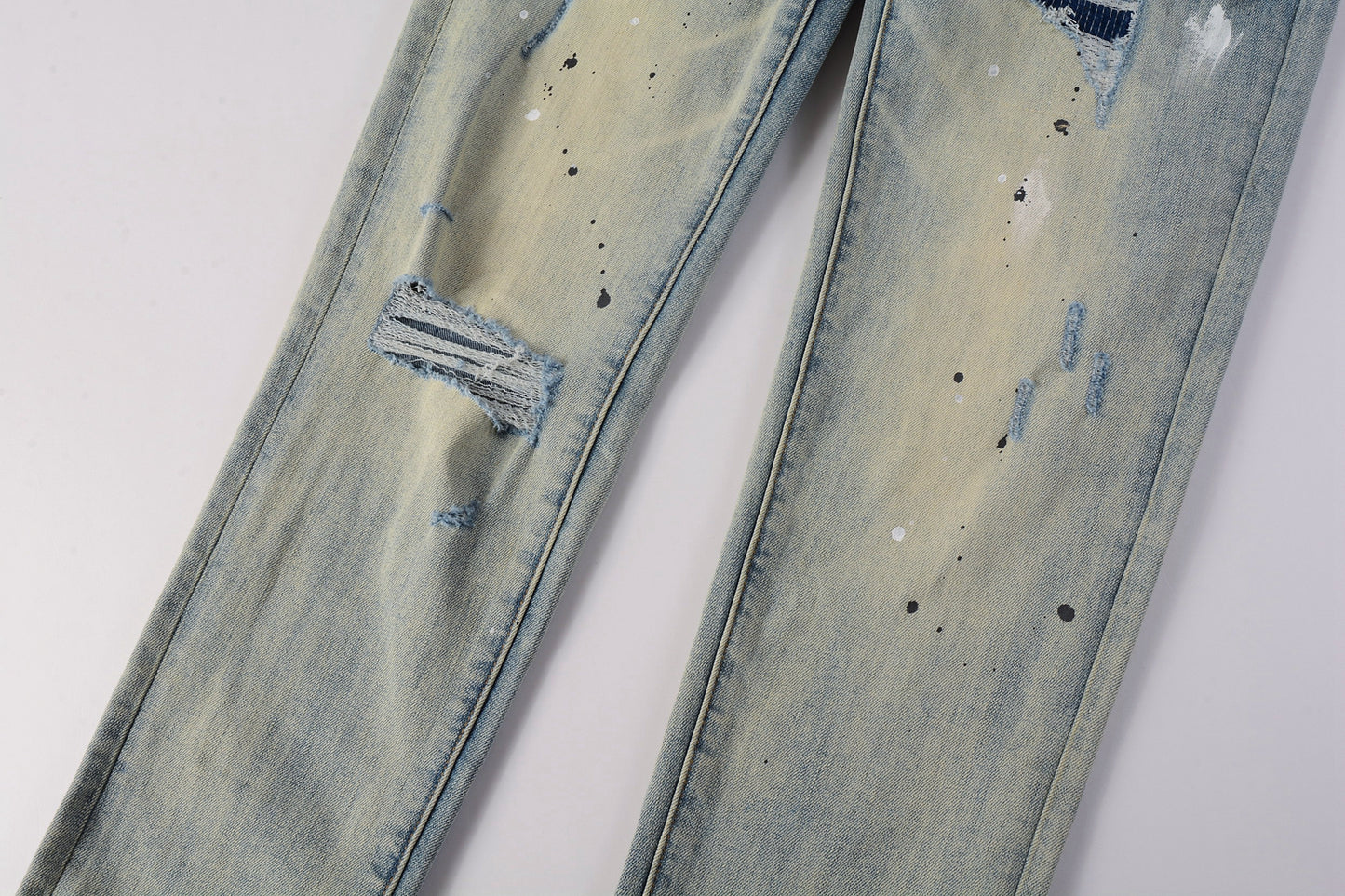 PURPLE Men Streetwear Skinny Jeans Light Blue Wash with White Paint Splatter and Distressed Rips 9007