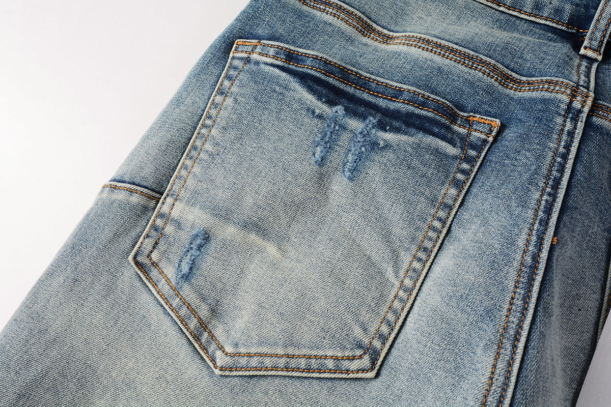 PURPLE Men Streetwear Skinny Jeans Light Blue Wash with Subtle White Pattern Wash 9013