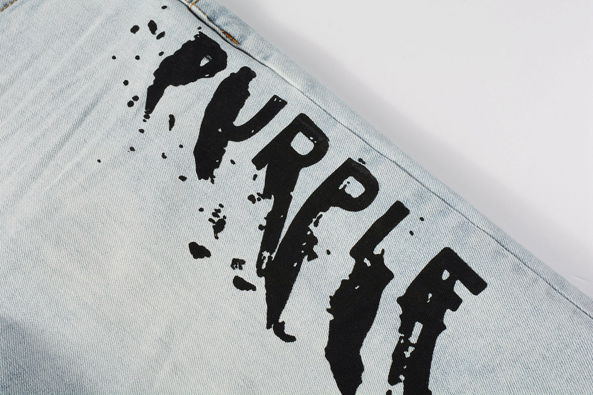 PURPLE Men Streetwear Denim Shorts Light Blue Wash with Black Paint Streak Print and Raw Hem 5048