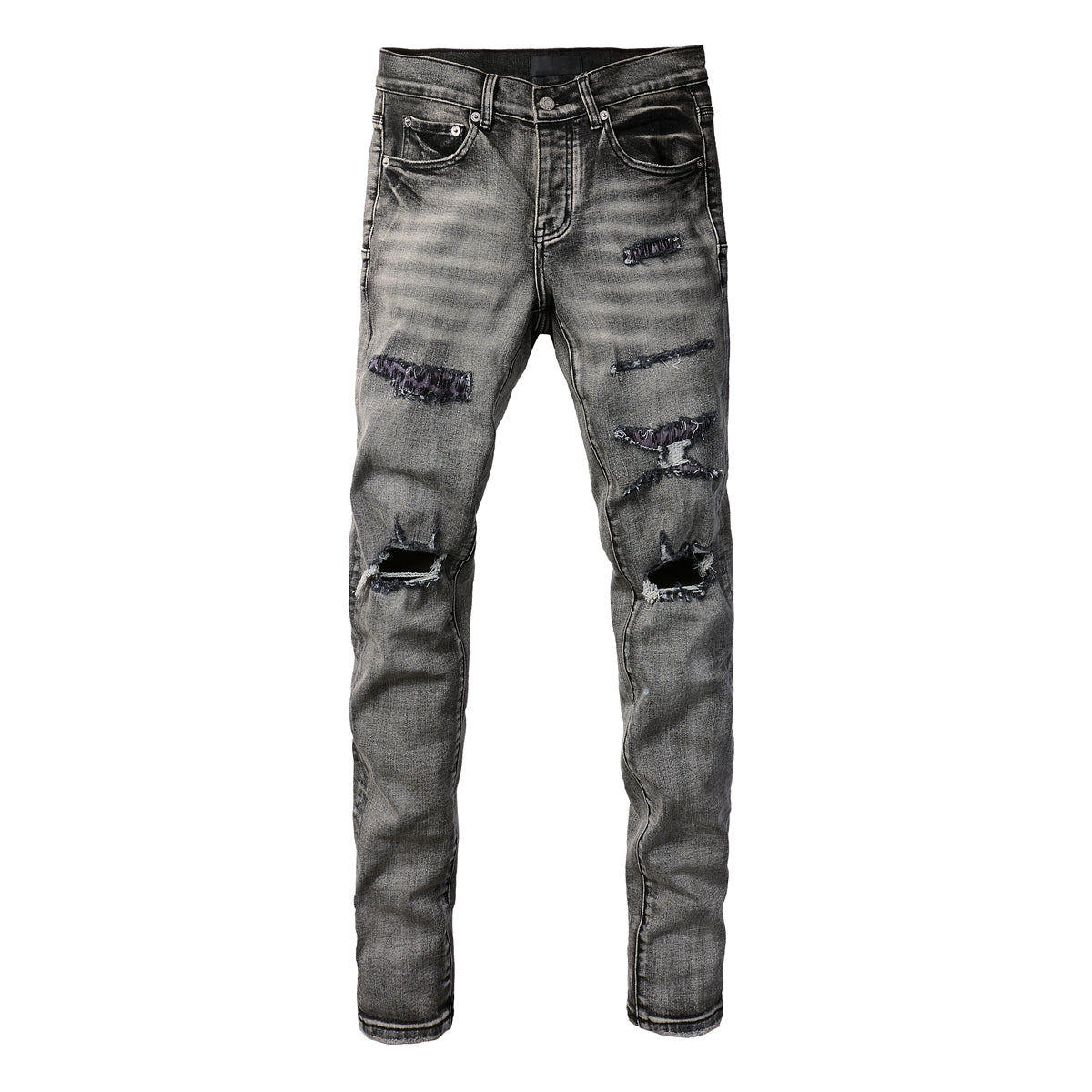 PURPLE Men Classic Streetwear Jeans Distressed Black Grey Ripped skinny 9068