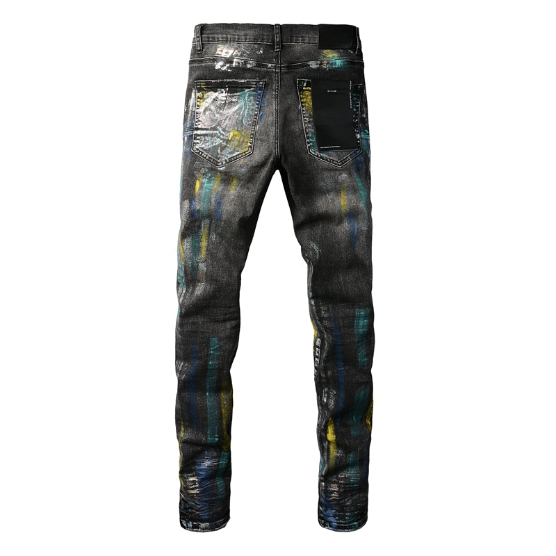 PURPLE Men Streetwear Skinny Jeans Black Wash with Colorful Graffiti Paint Splash 9078