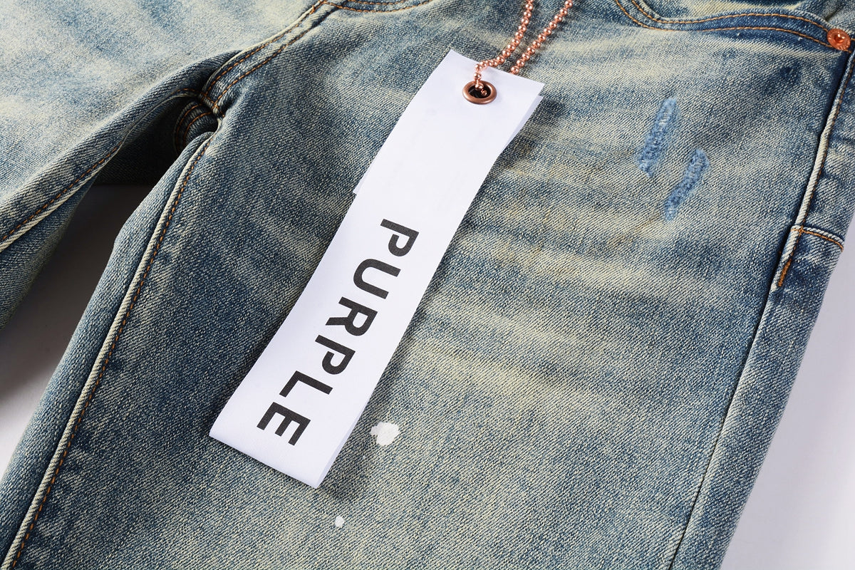 PURPLE Men Streetwear Skinny Jeans Light Blue Wash with Blue Patched Rips and White Paint Splatter 9050-1