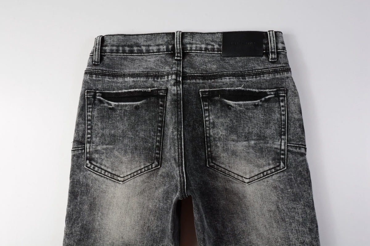 PURPLE Men Distressed Grey Washed skinny Jeans Ripped Scratch style 9105