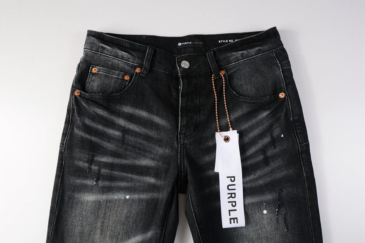 PURPLE Men Streetwear Skinny Jeans Black - Gray Fade Wash with White Paint Specks 9027
