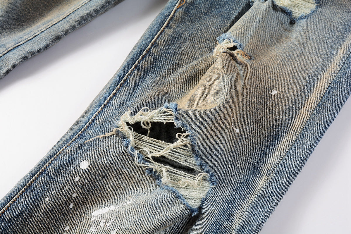 PURPLE Men Streetwear Skinny Jeans Light Blue Wash with Distressed Rips and White Paint Splatter 9012