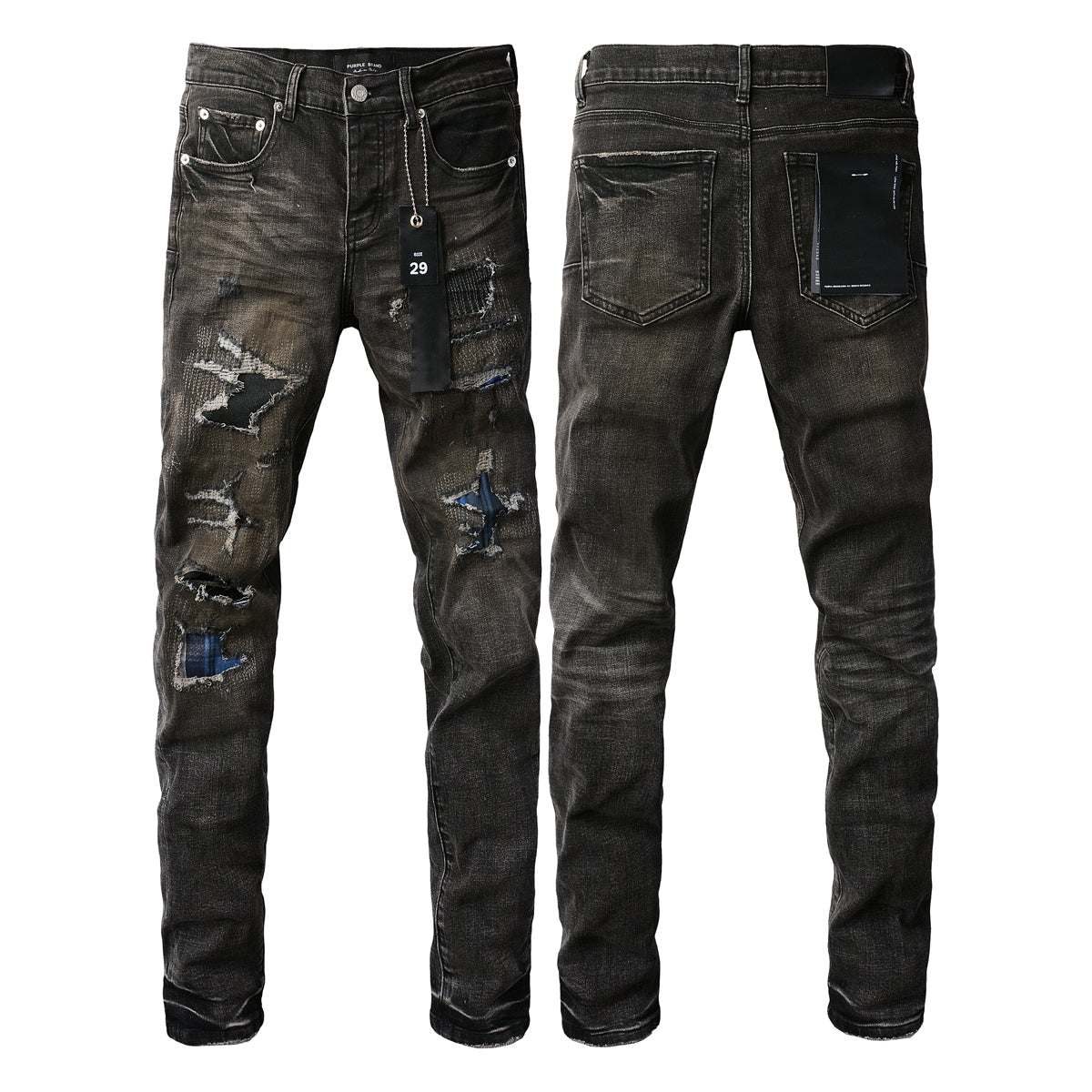 PURPLE Men Streetwear Skinny Jeans Dark Gray Wash with Multi - Color Patched Distressed Details 9080