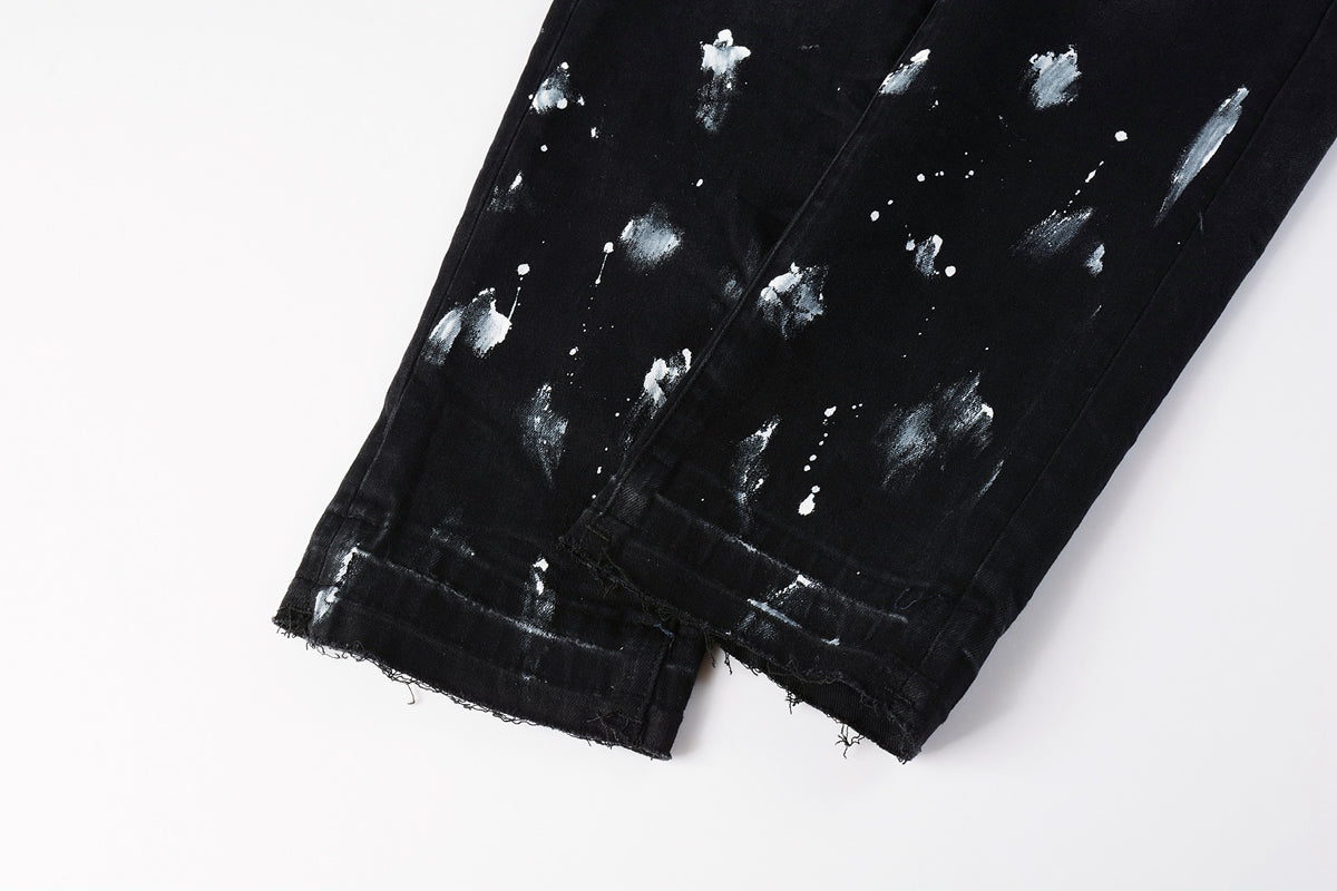 PURPLE Men Streetwear Skinny Jeans Black Fade Wash with White Paint Splatter and Distressed Rips 9002