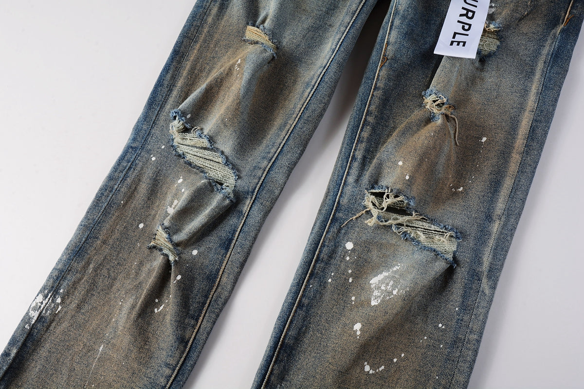 PURPLE Men Streetwear Skinny Jeans Light Blue Wash with Distressed Rips and White Paint Splatter 9012