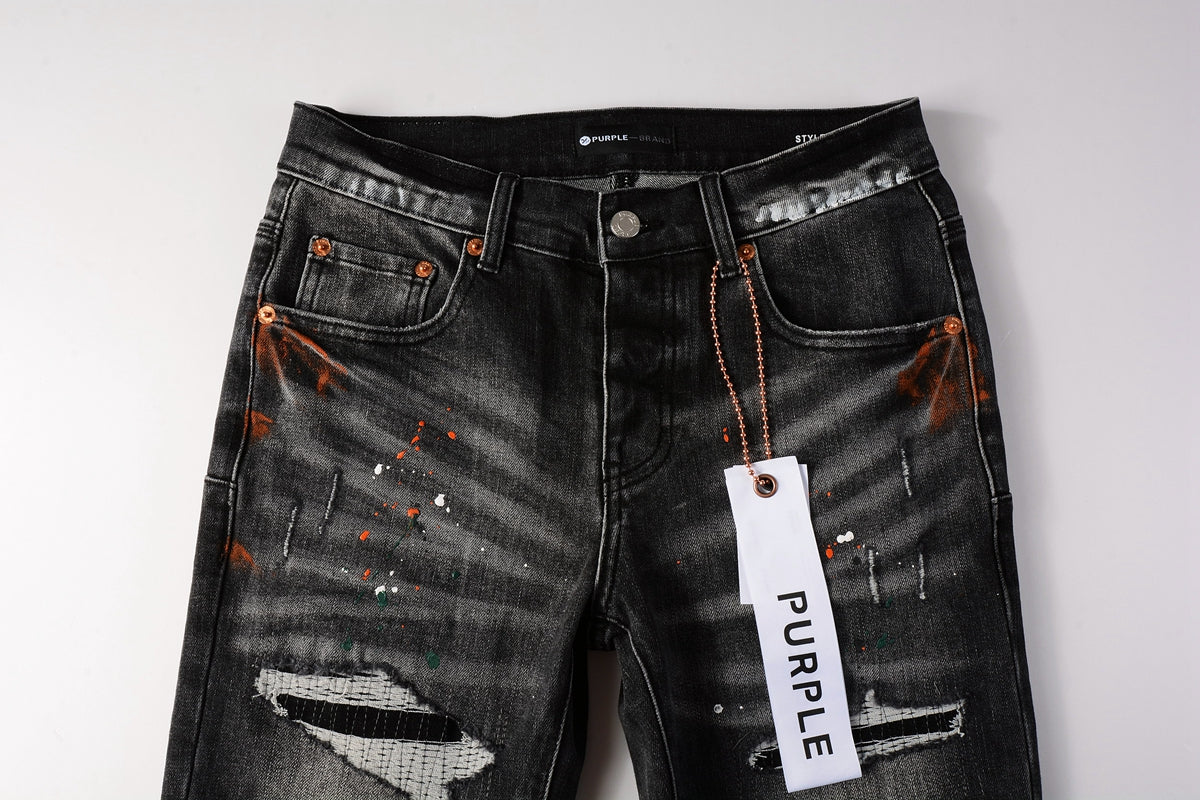 PURPLE Men Streetwear Skinny Jeans Dark Gray Wash with Distressed Rips and Multi-Color Paint Splatter 9018