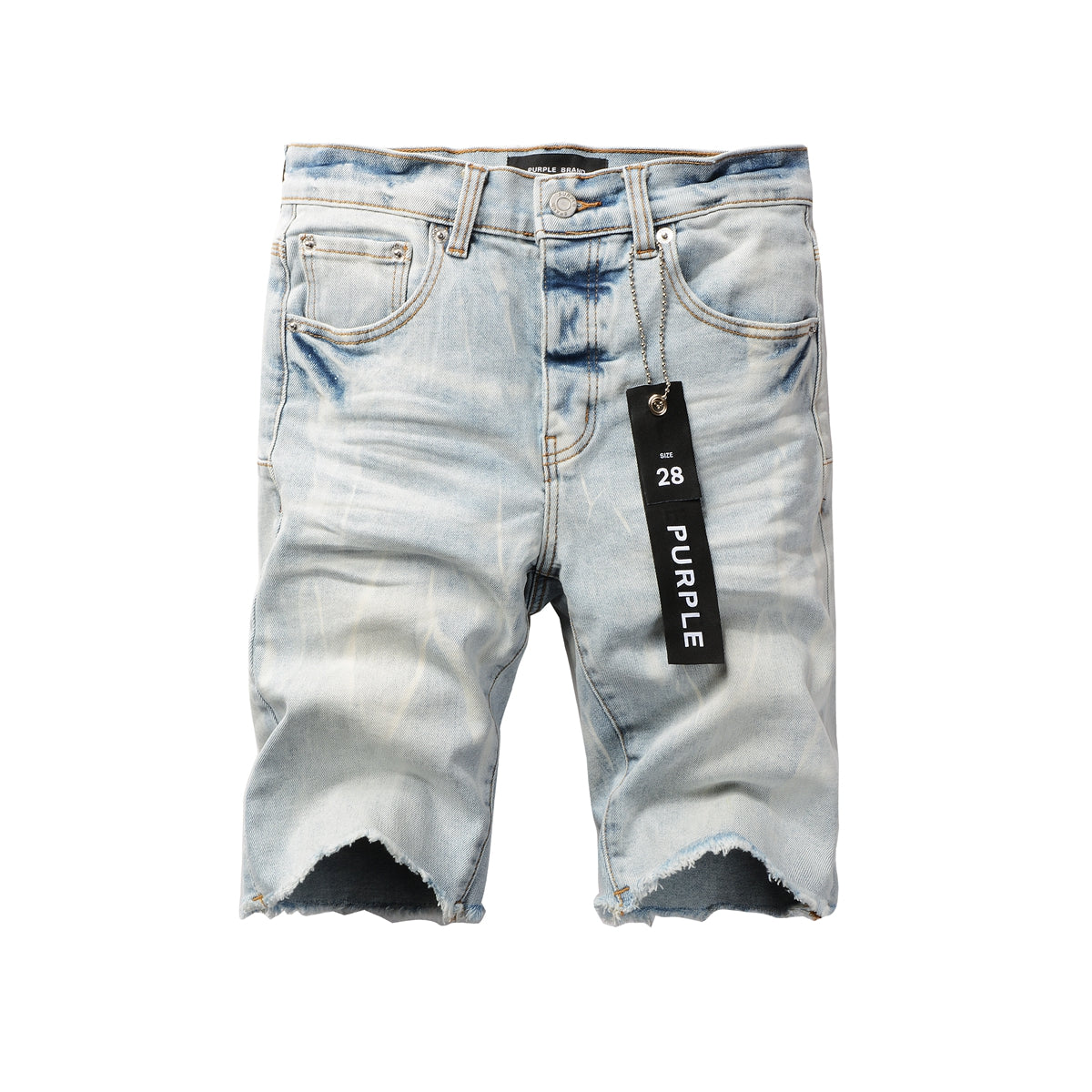 PURPLE Men Streetwear Denim Shorts Light Blue Wash with Washed Distressed Raw Hem 5017