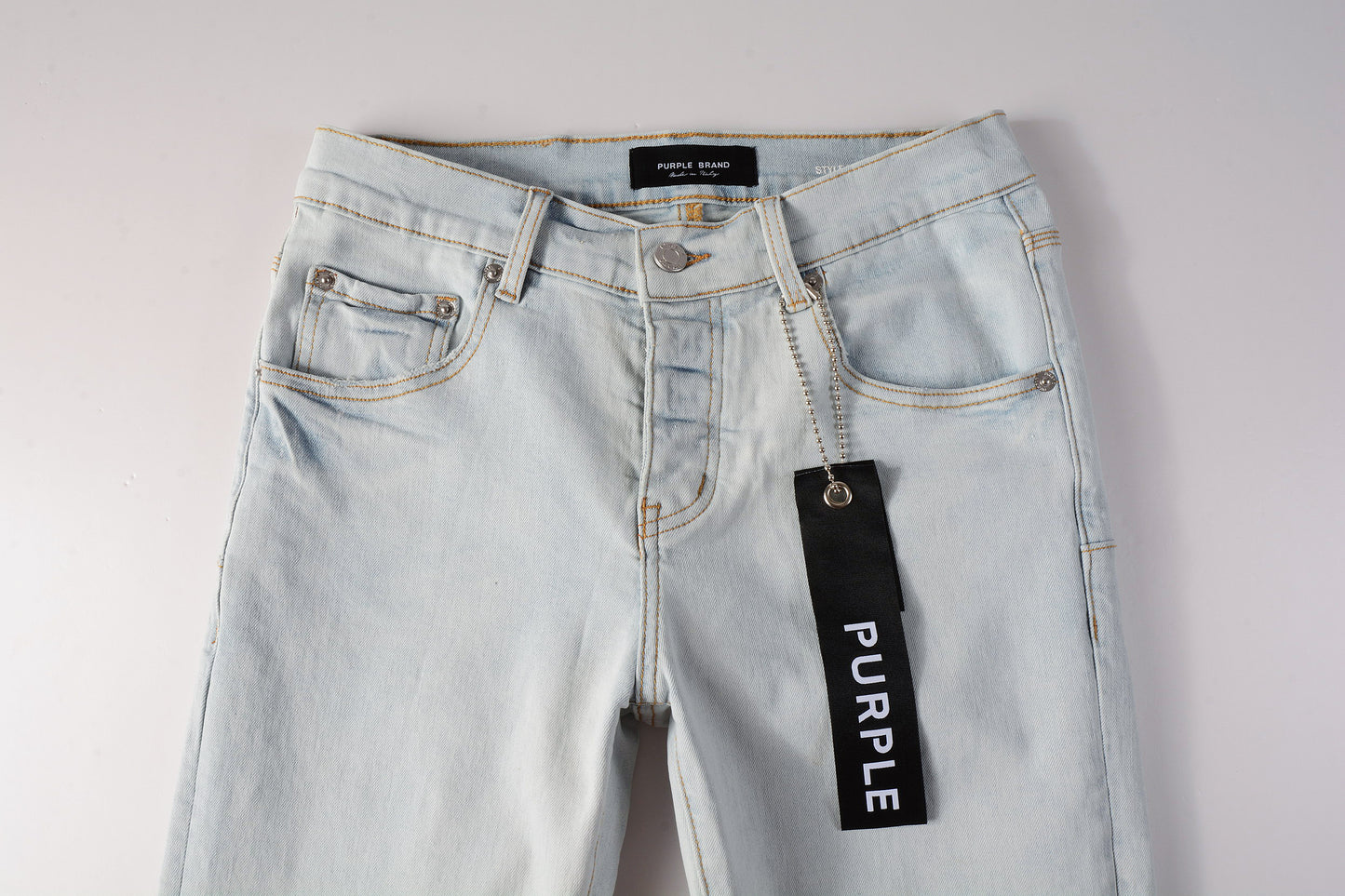 PURPLE Men Streetwear Skinny Jeans Light Gray Wash with Minimalist Style and Tag Accent 9081