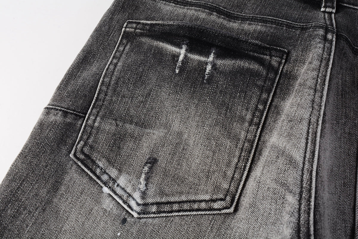 PURPLE Men Streetwear Skinny Jeans Dark Gray Wash with White Paint Splatter and Distressed Rips 9032
