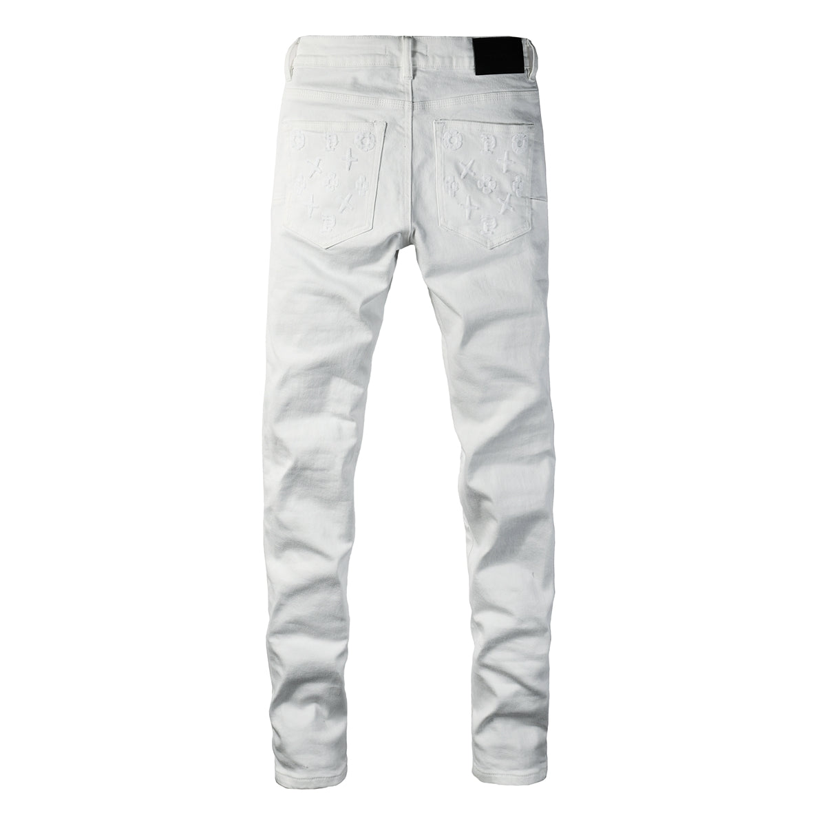 PURPLE Men Designer Streetwear Skinny Jeans Solid White with 3D Embossed Monogram Pattern 9113