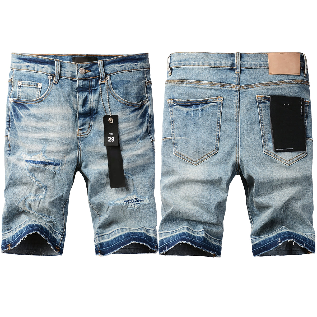 PURPLE Men Streetwear Denim Shorts Light Blue Wash with Distressed Rips and Contrast Blue Hem 5013
