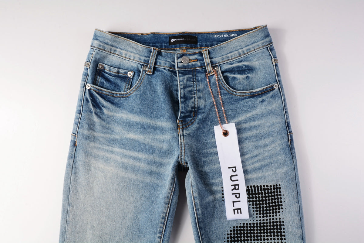 PURPLE Men Streetwear Skinny Jeans Light Blue Wash with Black Pixelated Pattern Print 9052