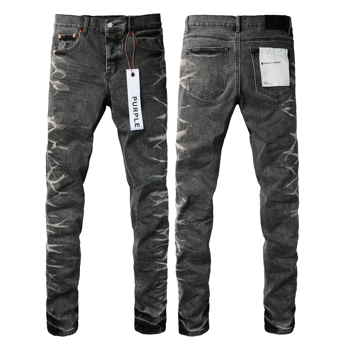 PURPLE Men Streetwear Skinny Jeans Dark Gray Wash with White Marbled Texture 9056