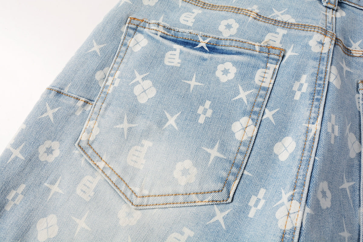 PURPLE Men Streetwear Denim Shorts Light Blue Wash with White Geometric Print and Raw Hem 5089