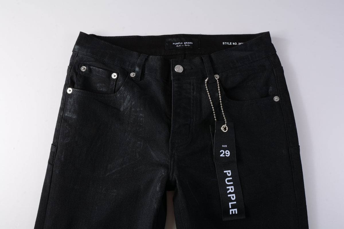 PURPLE Men Streetwear Skinny Jeans Black Wash with Subtle Sheen and Tag Accent 9082