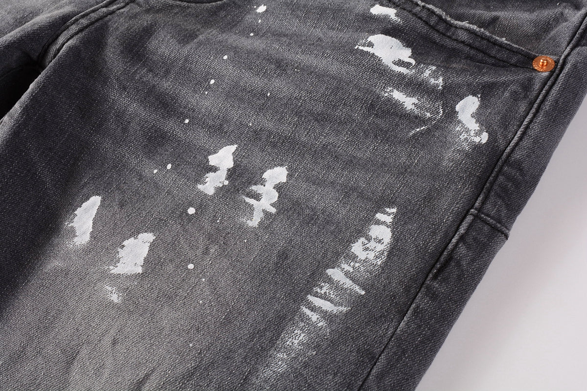 PURPLE Men Streetwear Skinny Jeans Dark Gray Wash with Knee Rips and White Paint Splatter 9039
