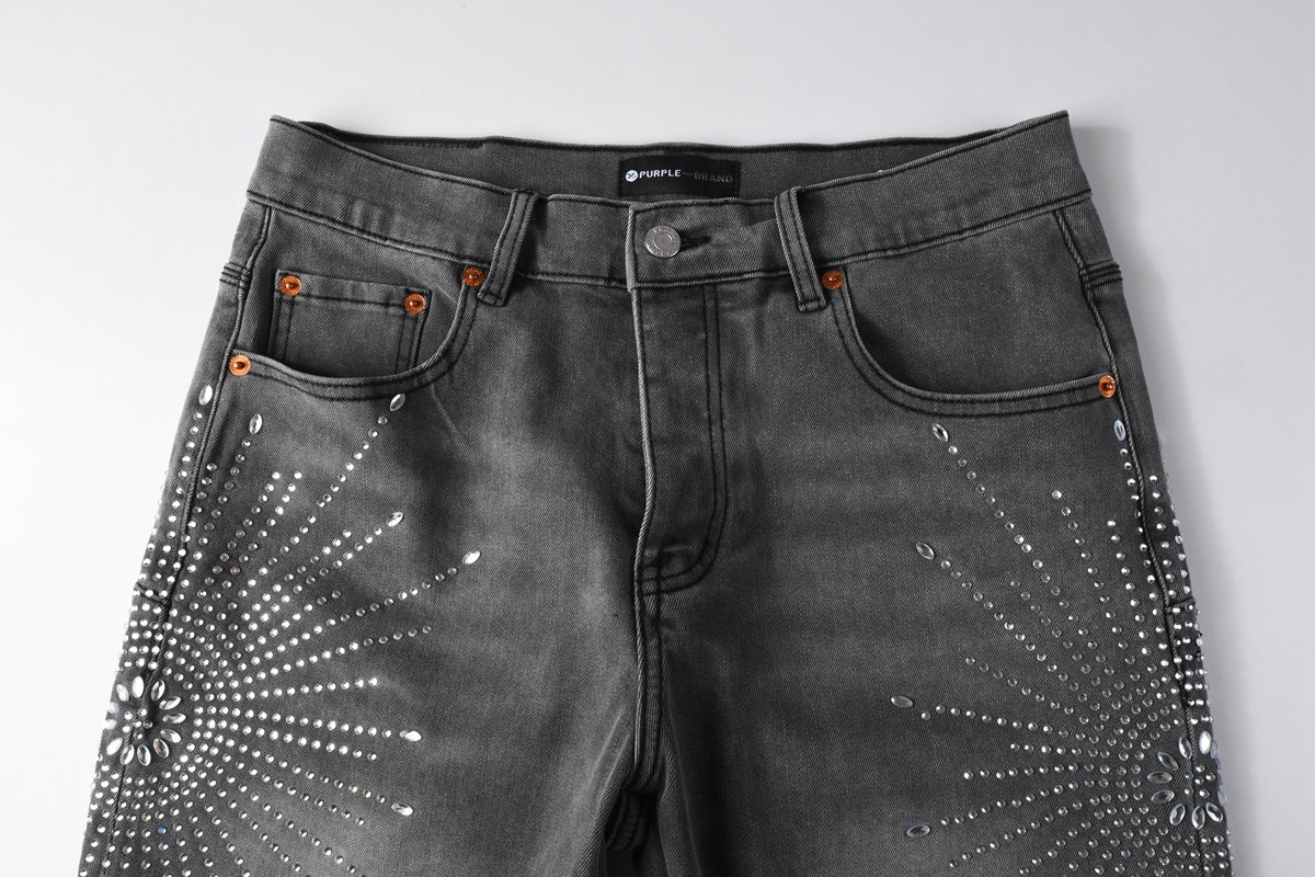 PURPLE Men Streetwear Grey Denim Shorts with Radial Rhinestone Burst Patterns 5094