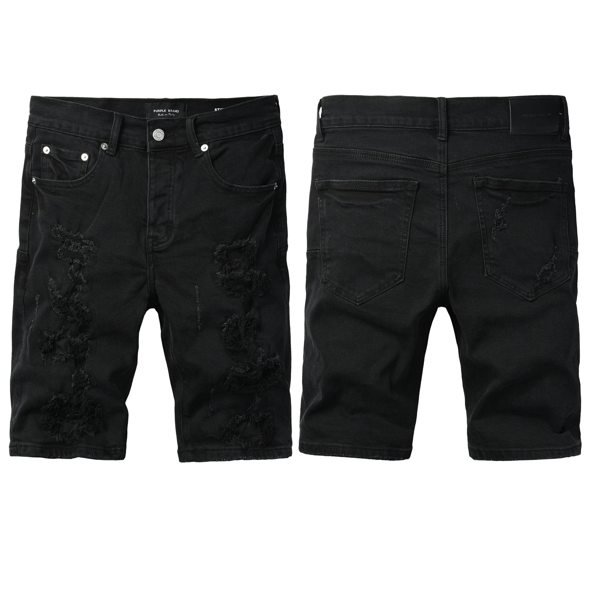 PURPLE Men Streetwear Black Denim Shorts with Distressed Ripped Details and Raw Hem 5108