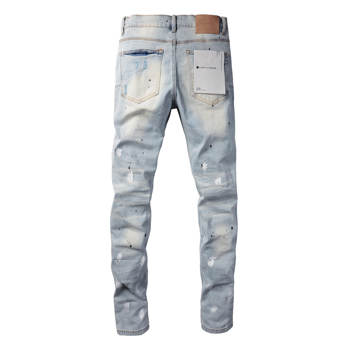 PURPLE Men Streetwear Skinny Jeans Light Blue Wash with White Paint Splatter and Subtle Distress 9006