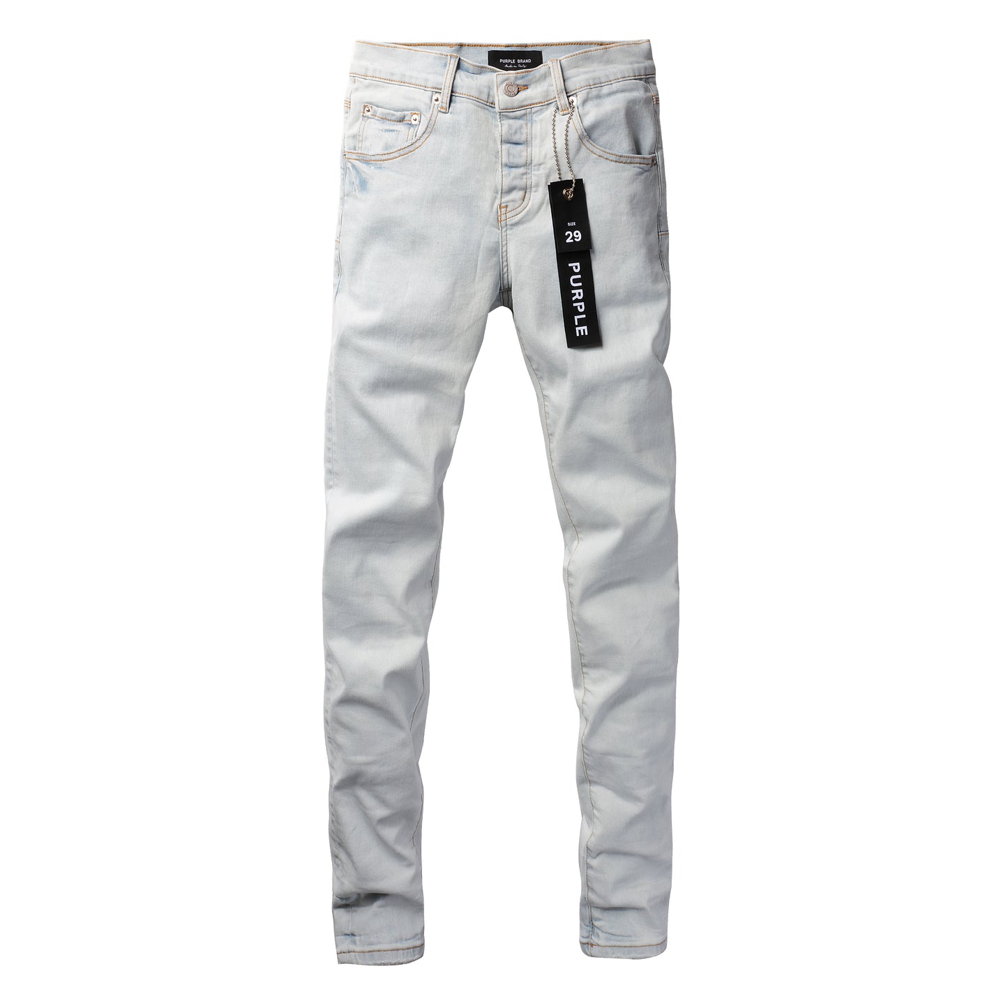PURPLE Men Streetwear Skinny Jeans Light Gray Wash with Minimalist Style and Tag Accent 9081