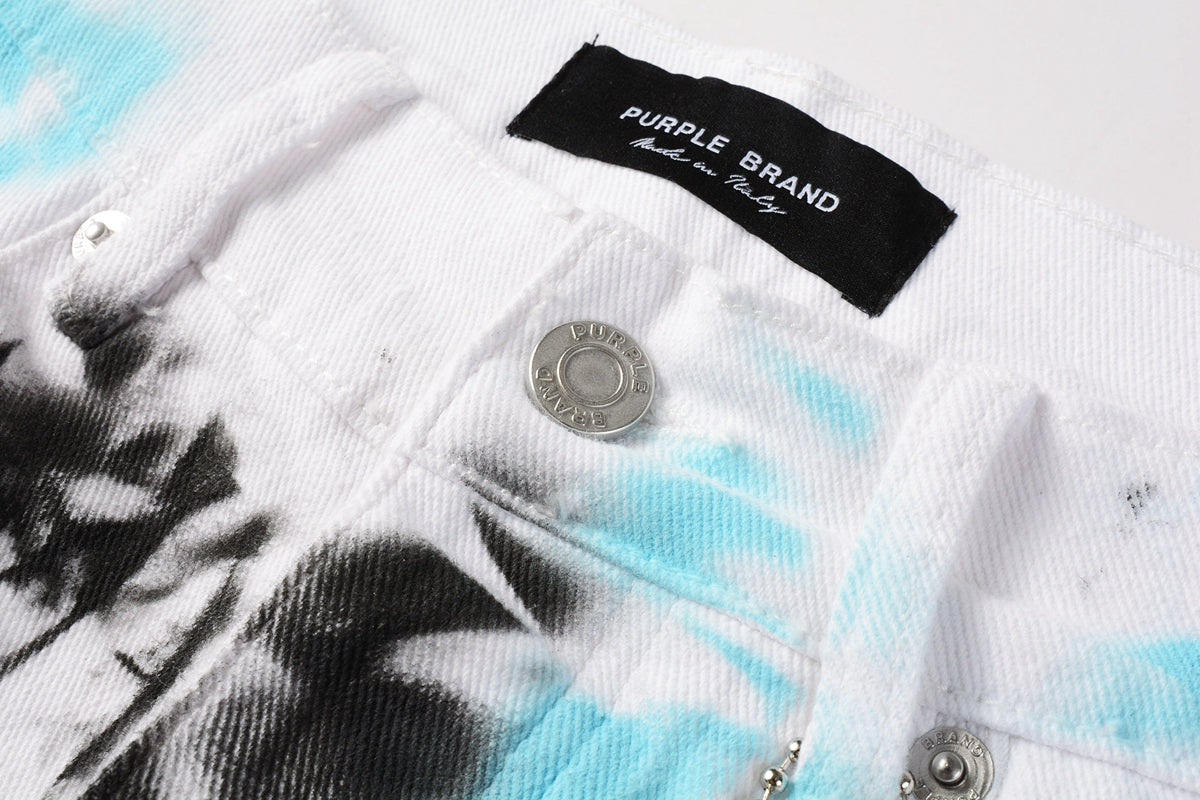 PURPLE Men Streetwear Denim Shorts White Wash with Blue - Black Ink Floral Print and Raw Hem 5065