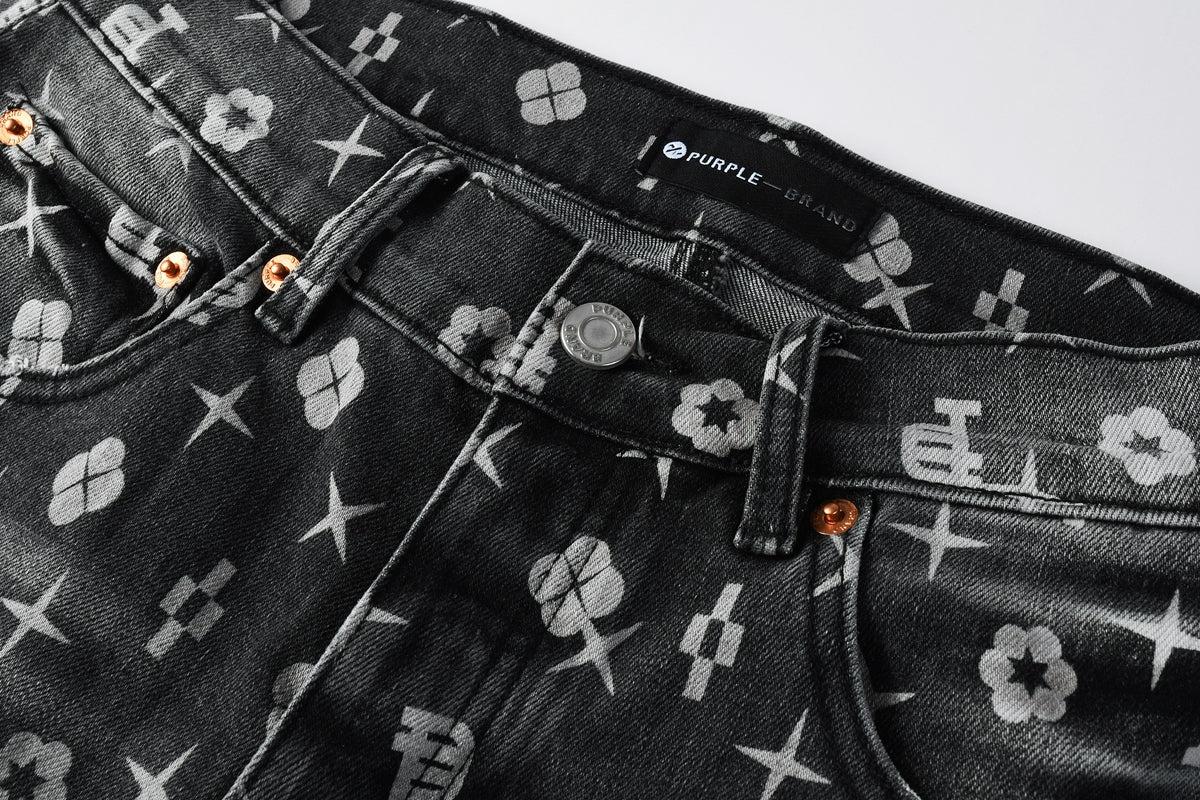 PURPLE Men Classic Street Skinny Jeans Dark Grey Monogram Print All Over Distressed Style 9112