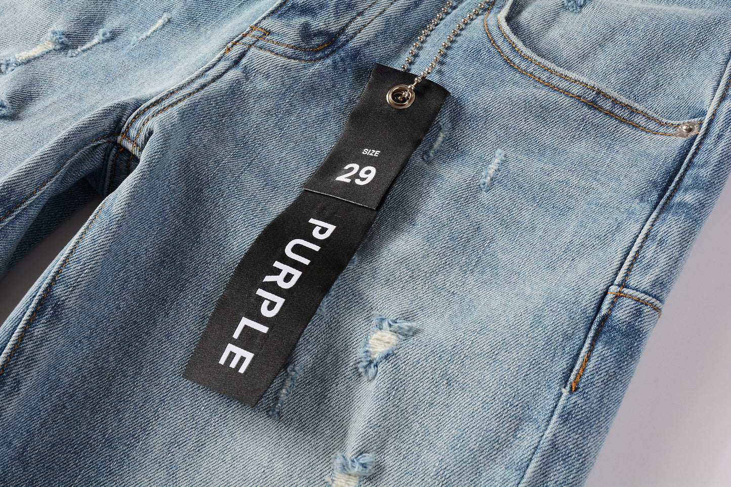 PURPLE Men Streetwear Skinny Jeans Light Blue Wash with Subtle Distressed Ripped Details 9075