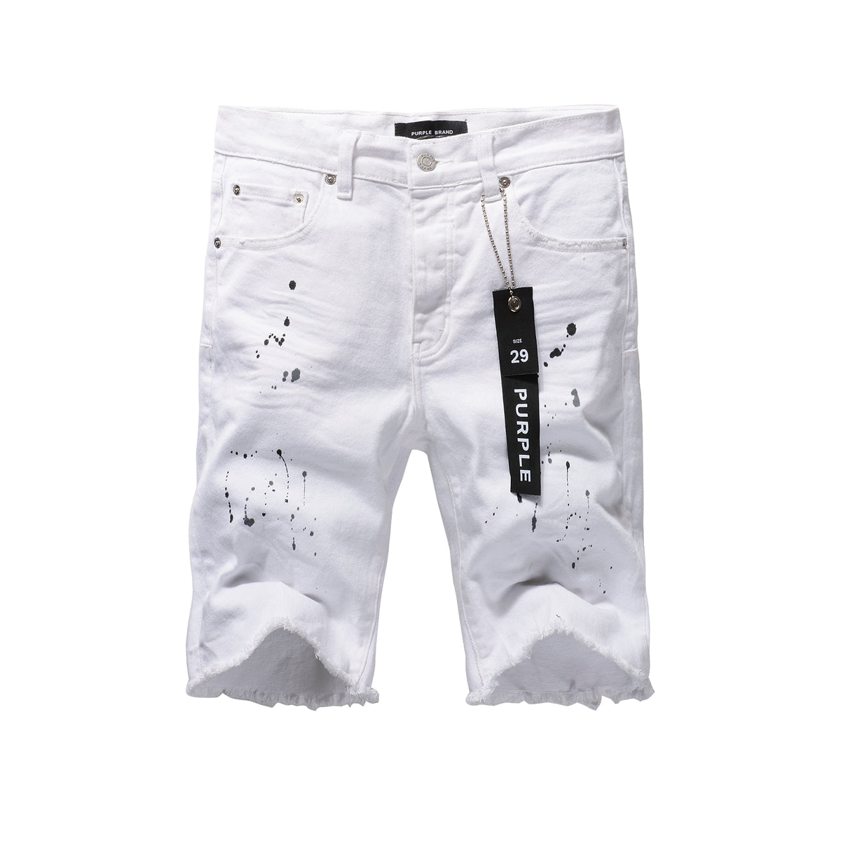 PURPLE Men Streetwear Denim Shorts White Wash with Black Paint Splatter Print and Raw Hem 5021