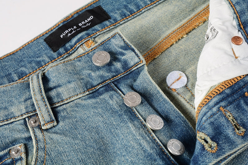 PURPLE Men Streetwear Skinny Jeans Light Blue Wash with Distressed Ripped Knee Details 9076