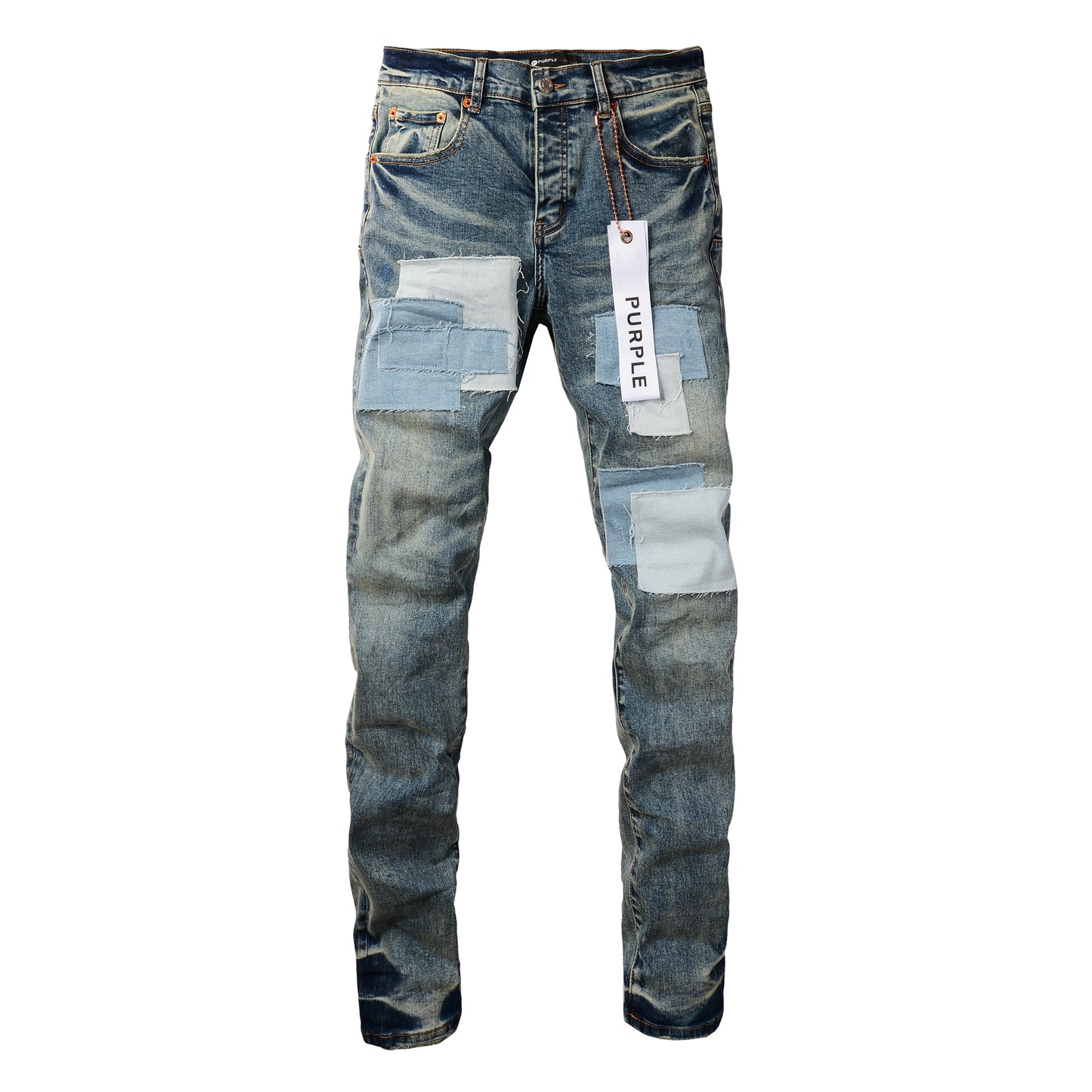 PURPLE Men Streetwear Skinny Jeans Light Blue Wash with Patchwork Distressed Details 9015