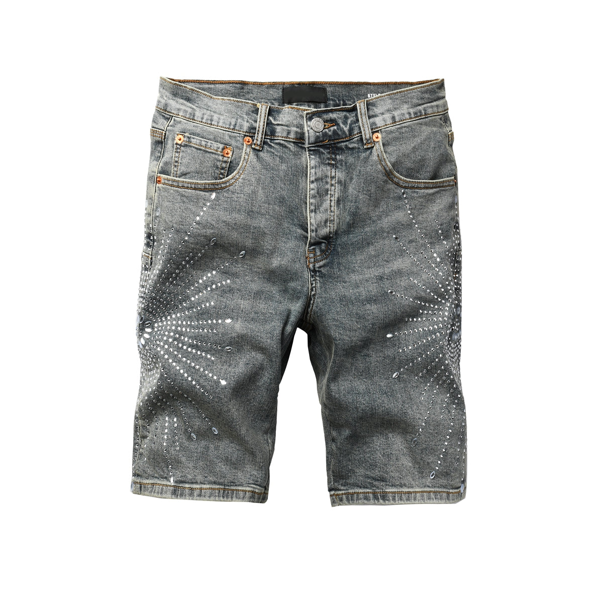 PURPLE Men Streetwear Light Blue Denim Shorts with Radial White Rhinestone Designs 5093