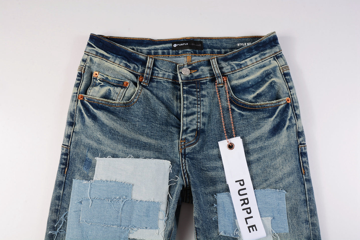 PURPLE Men Streetwear Skinny Jeans Light Blue Wash with Patchwork Distressed Details 9015